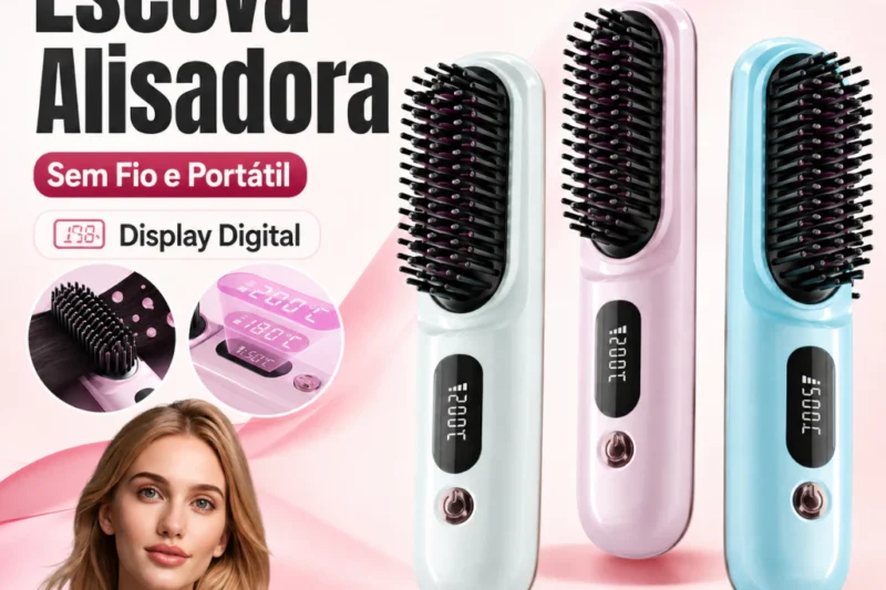 Banner promocional da escova alisadora sem fio e portátil da marca Spoetry, com display digital e três opções de cores: branco, rosa e azul, ao lado de uma modelo loira. Detalhes dos pinos da escova e do mostrador de temperatura 200°C visíveis