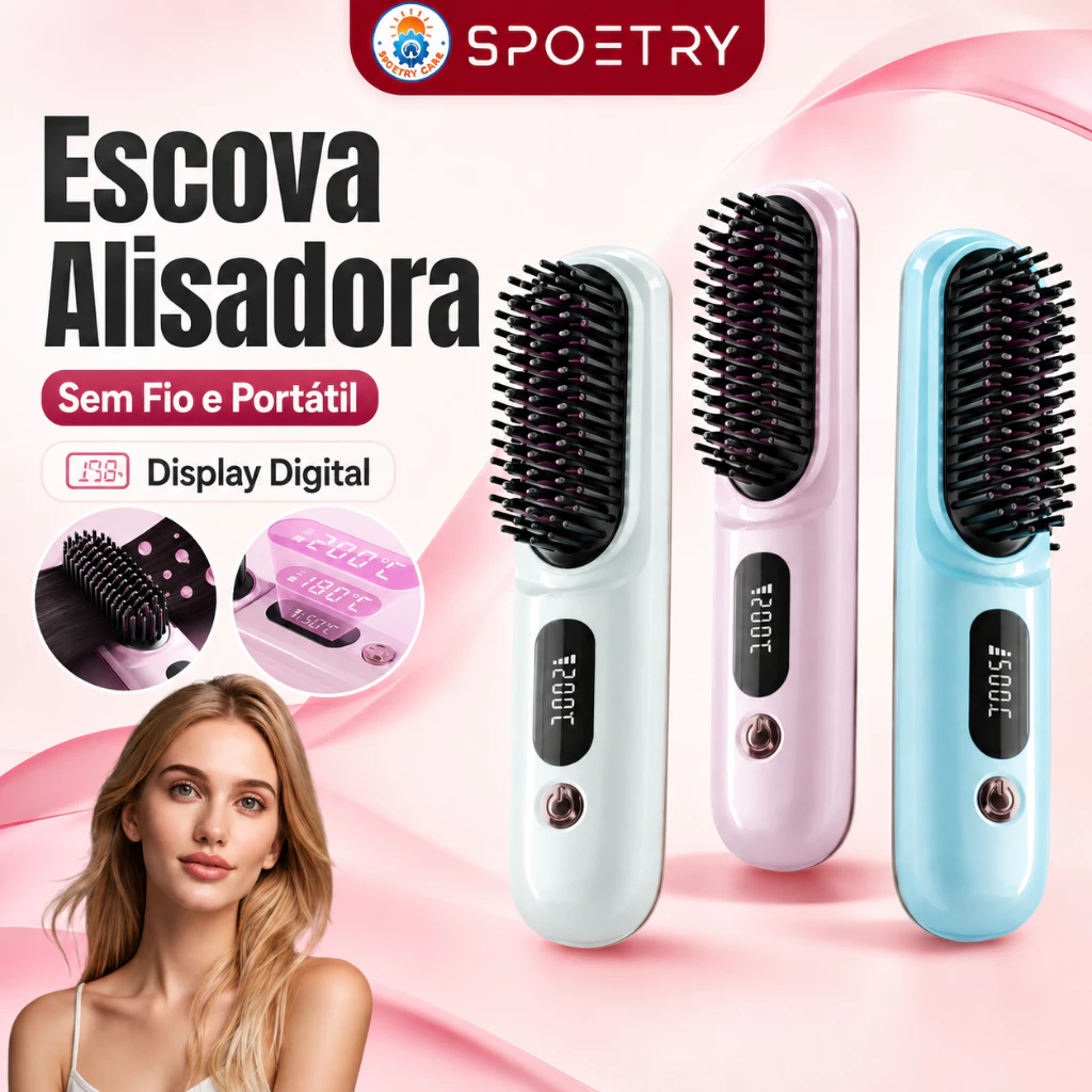 Escova Alisadora de Cabelo Sem Fio com Pente Quente e Cerâmica 2026 2 Banner promocional da escova alisadora sem fio e portátil da marca Spoetry, com display digital e três opções de cores: branco, rosa e azul, ao lado de uma modelo loira. Detalhes dos pinos da escova e do mostrador de temperatura 200°C visíveis