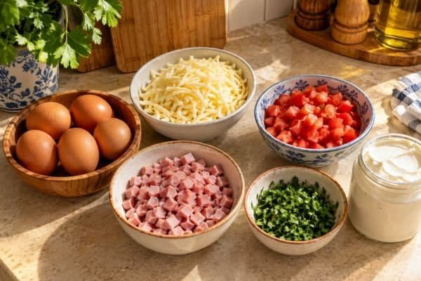 ingredientes do omelete de forno organizados na bancada da cozinha